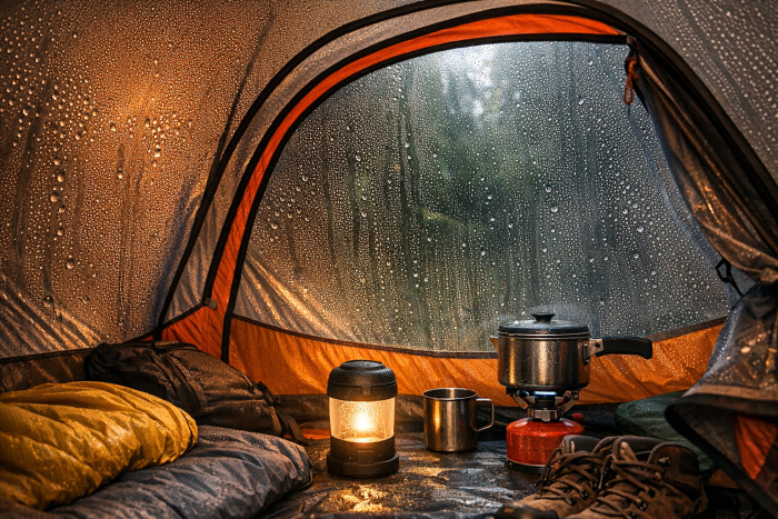 kondenz v šotoru na notranji strani platna med kampiranjem